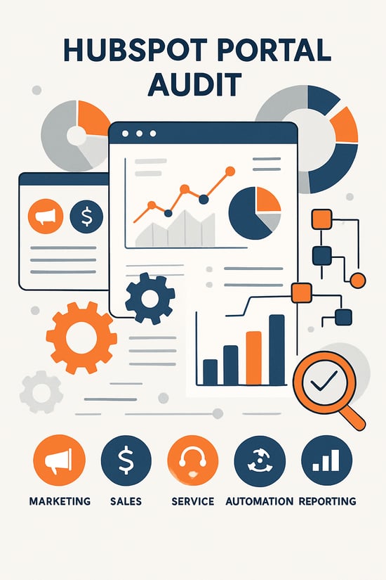 Create a modern professional digital illustration representing a comprehensive HubSpot portal audit The image should visually convey analysis optimization and performance review Include abstract elements like dashboards charts workflow diagrams gears